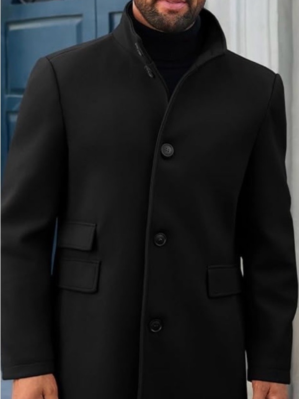 Men's Black Wool-Blend Single-Breasted Pea Coat
